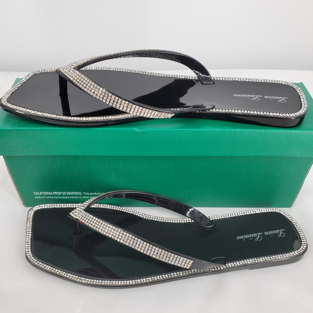 Lauren Lorraine Tampa‎ Black Rhinestone Square Toe Flip Flop Sandals Womens 9.5
